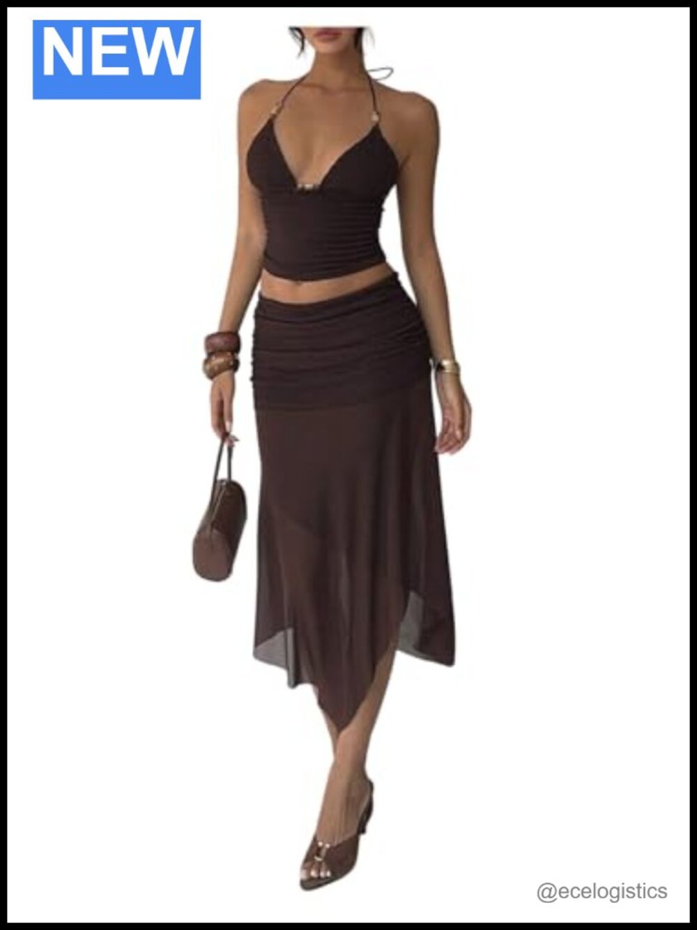 Verdusa Women's 2 Piece Skirt Set Beaded Halter Crop Top with Mesh Skirt